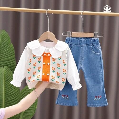 0-4 years old autumn new girl full-printed flowers sweet suit childrens long-sleeved shirt vest three-piece baby sports suit