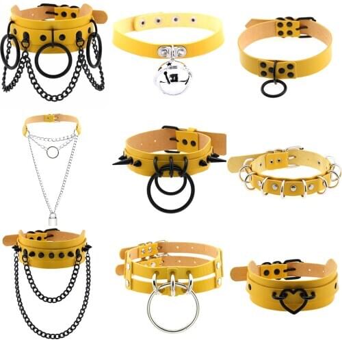 Stainless Steel Round Pendant Spike Choker Yellow PU Leather Collar Punk Necklace Gothic Jewelry for Women Neck Accessories