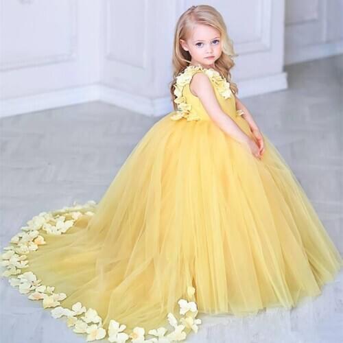 Lovely Kids Birthday Party Dress Yellow V Neck Ball Gown Flower Girls Dresses Girls Pageant Dress With 3D Flowers