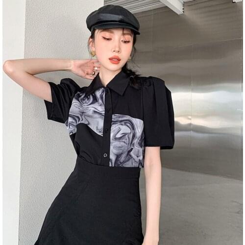 ZCSMLL Irregular Turn-down Collar shirt Black Short-sleeved Female Summer Design Sense Puff Sleeve Chic Loose blouse Women