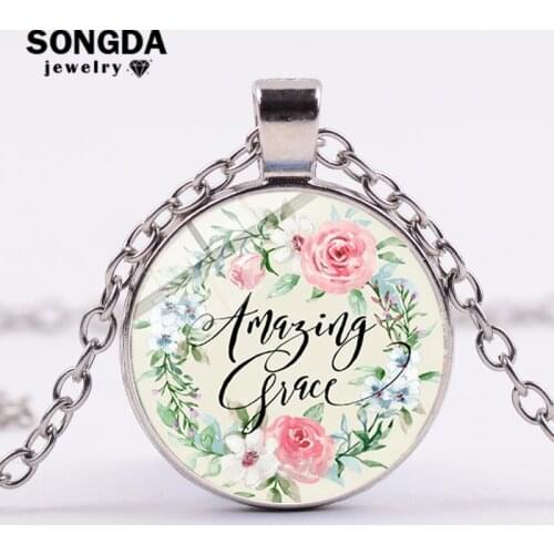 SONGDA Bible Verse Psalm Necklace Scripture Quote Inspiration Art Crystal Glass Round Pendant Christian Faith Party Gifts Choker