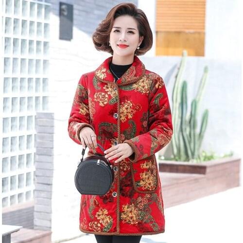 Women 2021 Winter New Middle-aged Print Parkas Female Plus Velvet Thick Warm Jacket Ladies Casual Cotton Loose Overcoats U475