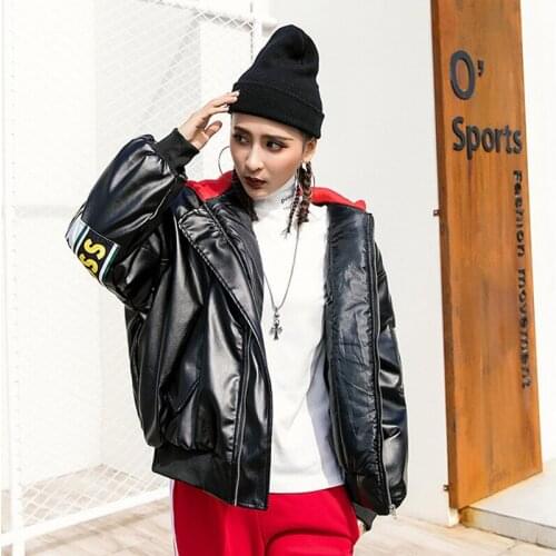 Women Winter New Fashion Cotton Jacket PU Leather Black Hooded Wadded Coat Female Letter Print Oversize Thick Warm Parkas ML97