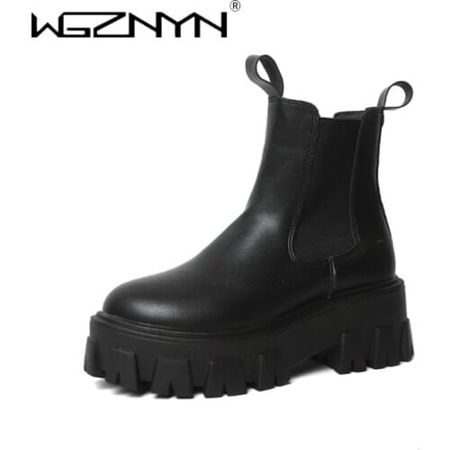 WGZNYN Ankle Boots for Women 2020 Autumn Motorcycle Boots Thick Heel Platform Shoes Woman Slip on Round Toe Fashion Martin Boots
