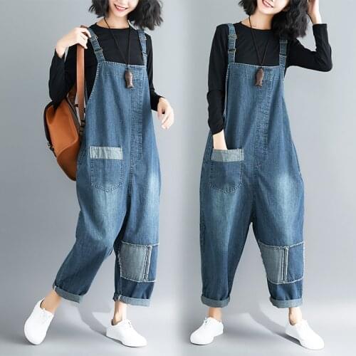 6805 Women Spring Fall New Fashion Vintage Patchwork Solid Color Overall Jeans Office Lady Casual Loose Oversize Denim Jumpsuits