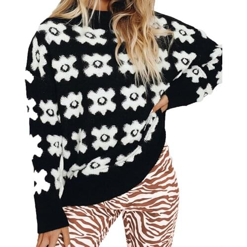 2021Women Oversize Round Neck Sweaters Classic Long Sleeve Floral Print Oversized Knit Tops for Office Party School Work