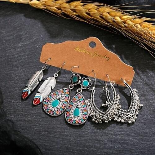3pairs/Lot Vintage Leaf Shape Earrings Set Fashion Jewelry For Women Ethnic Silver Color Tassel Water Drop Earrings Set