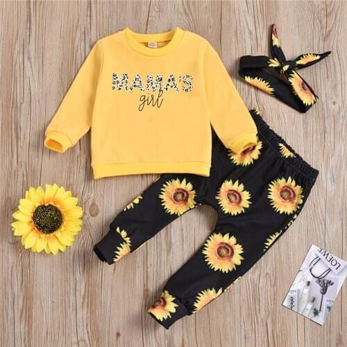 Girl’s Long-sleeved Trousers Suit Unique Letter T-shirt Sunflower Print Elastic Long Pants and Headband 0-5T
