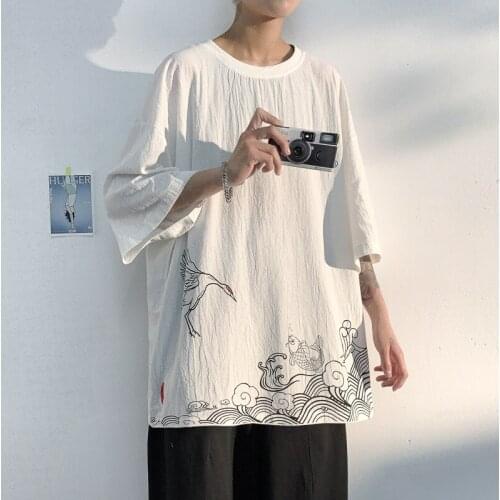 Harajuku T Shirt Men 2021 Summer Cotton Linen Oversized T Shirt Top Tees Hip Hop Chinese Shirt Fashion Retro Asian Clothes 30435