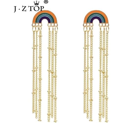 Jztop Fashion Enamel Rainbow Drop Earrings Cute Gold Long Tassel Beads Dangle Earrings For Women Lady Wedding Party Jewelry