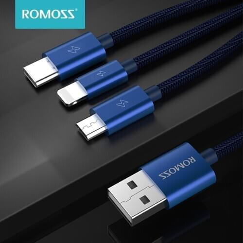 ROMOSS 3 in 1 USB Cable for iPhone Micro USB Type C Cable for Huawei P40 Samsung S20 S10 Mobile Phone Fast Charging Charger Cord