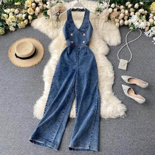 Guilantu Summer Sleeveless Backless Denim Jumpsuits Women V Neck Off Shoulder Wide Leg Jeans Overalls Casual Vintage Long Romper