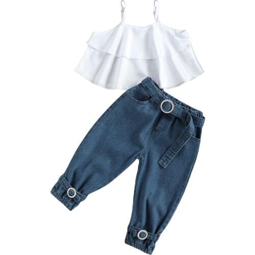 Summer Girls 2pcs Sweet Clothes Sets Spaghetti Straps Layered Ruffle Tank Tops and Denim Long Pants with Belt