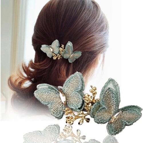 Korean Vintage Lace Embroidery Butterfly Gold Leaf Hairpin Elegant Girl Hair Accessories Spring Clip Clips Women Female Jewelry
