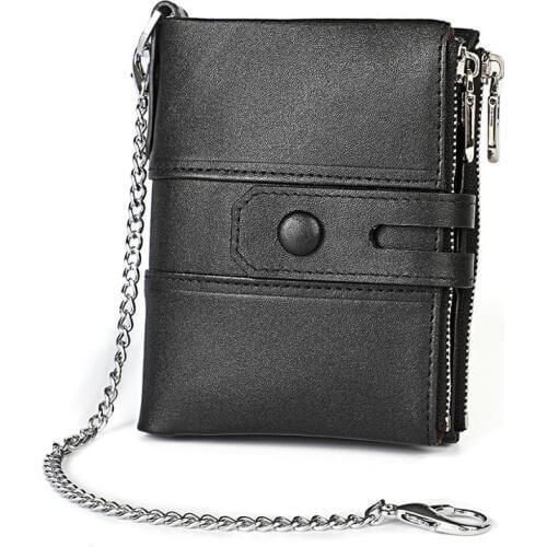 Genuine Leather Men Wallet Vintage Cowskin Coin Purse Zipper Hasp Pocket Slim Short Wallet Card Holder Small with Chain