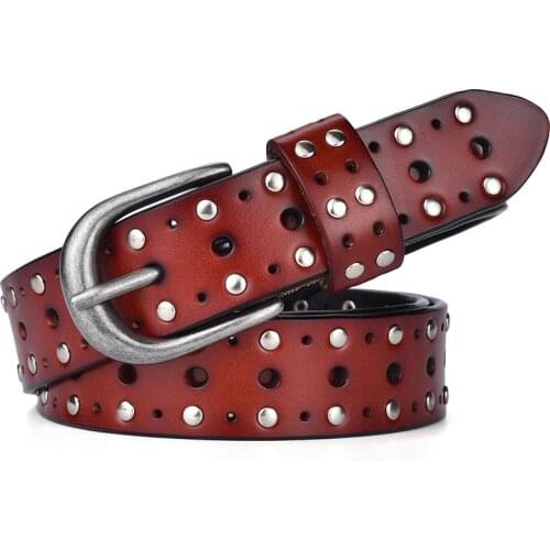 Leather belt new ladies leather belt cowhide pin buckle belt female rivet decorative pants belt Korean version