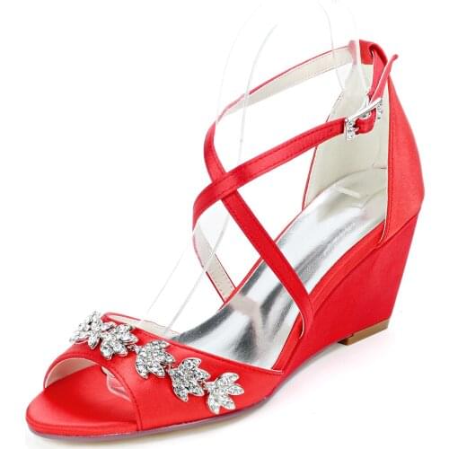 Summer Lady Wedges Satin Evening Dress Sandals w/ Flower shape Metal Crystal Rhinestone Crossed Strap Bridal Beach Wedding shoe