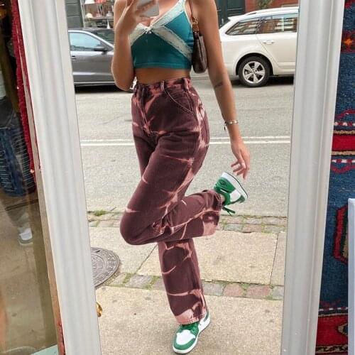 Baggy Jeans Straight Leg Ripped Jeans for Women Street Hipster Contrast Color Tie-dye High-waist Denim Boyfriend Trousers