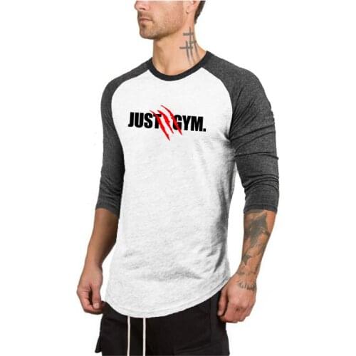 New Fashion 2021 Spring Mens T Shirts Stretch Cotton JUST GYMS Print Brand Clothing Mens Seven-quarter Sleeve Slim Fit Tshirt
