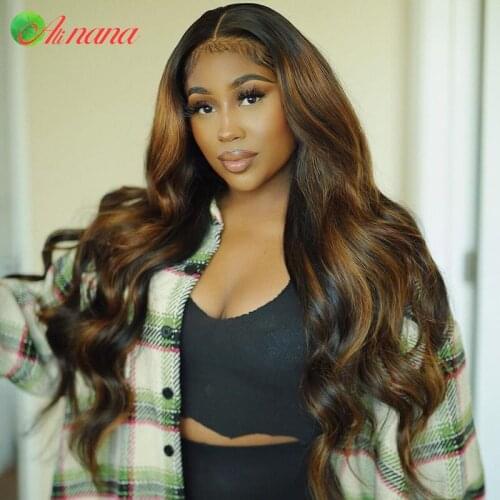 Brazilian 13x4 Lace Frontal Wigs Highlights Brown Color Human Hair Wig Body Wave 30 Inch Pre Plucked Bleached Knots 180% Density