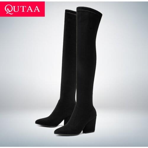 QUTAA 2020 Women Over The Knee High Boots Wedges Heels Winter Shoes Pointed Toe Sexy Elastic Fabric Women Boots Size 34-43
