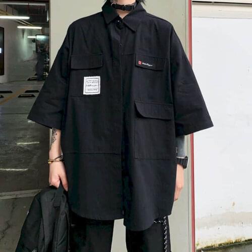 Black short-sleeved shirt men women Gothic high street Korean loose pocket stitching summer hip hop half-sleeved Cargo shirt top