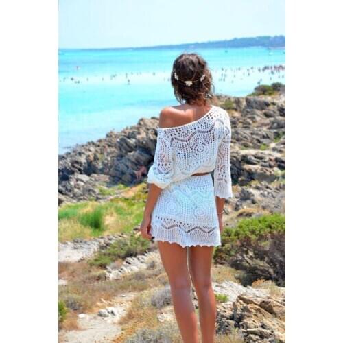 Sexy Women Lace V-Neck Crochet Bikini Cover Up Soft And breathable See-thru Summer Half Sleeve Beach Dress Seaside Swim dress