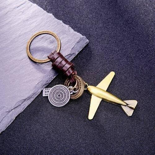 Alloy Vintage Antique Bronze Gold Plane Key Rings Braided Cowhide Keychain Pendant Punk Jewelry Gift For Friends 10PCS