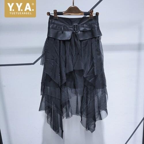 Streetwear Women High Waist Mesh Midi Skirts Punk Sheepskin Spliced Casual Ball Gown Skirts Office Lady Slim Fit Black Skirt