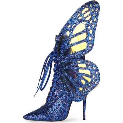 Ladys White Blue Nude Multi Color Big Butterfly Cross Lace Up Short Boots Woman Pointed Toe Sequins High Heels Wings Shoes