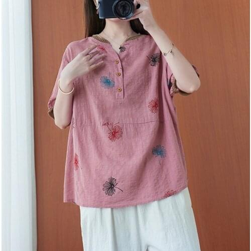 Women Summer Loose Casual T-shirts New 2021 Simple Style Vintage V-neck Print Cotton Linen Female Short Sleeve Tops Tees B251