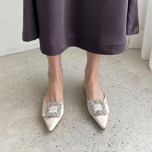 Slipper Outer Wear Female Spring Summer Pointed Shallow Mouth Man-made Diamond Buckle Flat Muller Lazy Leisure Slippers