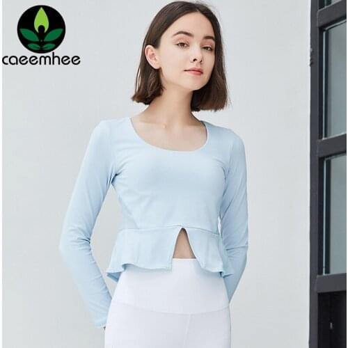 CAEEMHEE Women Sports Long Sleeve Crop Top Hollow Out Running Fitness Yoga Shirts Sportswear Padded Push Up Gym Workout Tops
