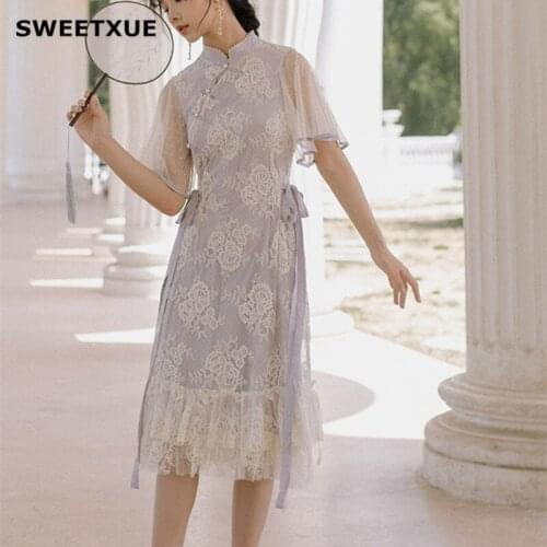 SWEETXUE Summer Cheongsam Dress Mesh Perspective Short Sleeve Lace Print Ruffled Bow Elegant Retro Party Midi Qipao Dress Female