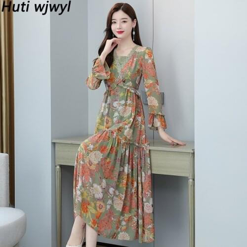 2021 Floral Chiffon Casual Boho Beach Maxi Dress Spring Autumn Plus Size Vintage Midi Dress Elegant Women Bodycon Party Vestidos