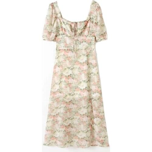 Vestidos De Mujer Casual 2021 Summer Elegant Short Sleeve Flower Printed Midi Dresses for Women Chiffon Vestidos