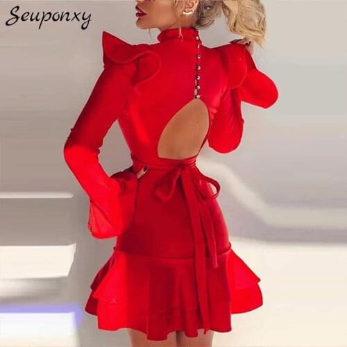 High Quality 2021 Summer WomenS Sexy O-Neck Flared Sleeve Ruffled Hollow Bandage Dress Bodycon Celebrity Party Dress Vestidos