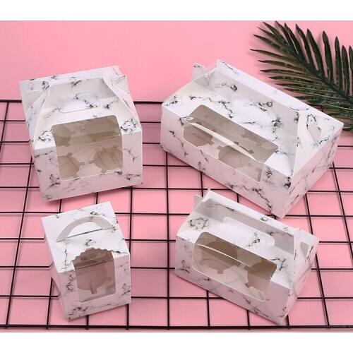 10Pcs Marble Printed Paper Cake Box White Kraft Cupcake Boxes 1/2/4/6 Cup Cake Packaging Box Baking Food Gift Box Party Supplies