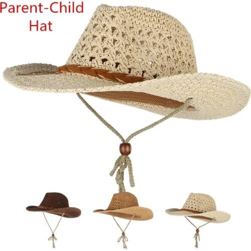 2021 Cowboy Summer Hats For Men Women Parent-Child Hat Paper Straw Woven Wide Brim Hollow Out Straw Hat Unisex Beach Sun Hat