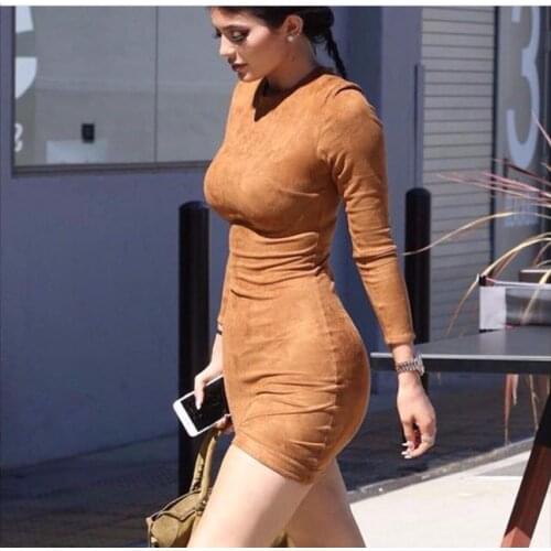 2021 Long Sleeve Slim Party Dress Sexy Club Brown Vestido Women Winter Dresses Kylie Jenner Skin Tight Faux Suede Bodycon Dress