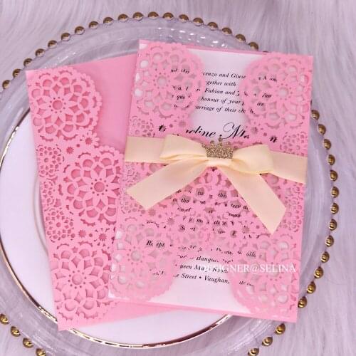 50PC Pink Laser Cut Wedding Invitation with Champagne Ribbon and Crown DIY Customized Color Printing Quinceanera Invites