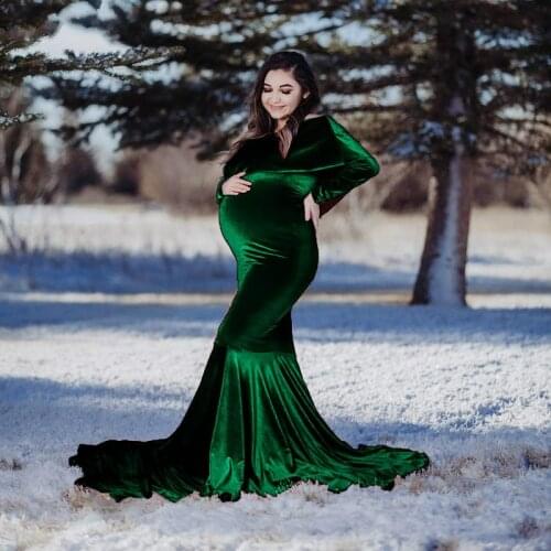 Velvet Maternity Off Shoulder Fitted Gown Maxi Photography Dress for Baby Shower Pregnancy Ruffles Long Sleeve Photo Props Dress