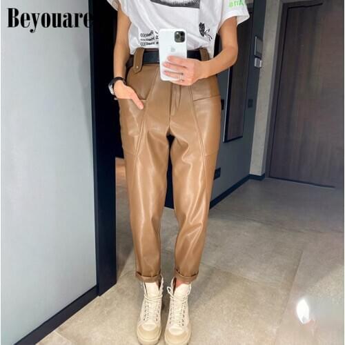 Beyouare Faux Leather Trousers Vintage Casual PU Women High Waist Big Pockets Straight Pant 2020 Autumn Elegant Lady Pant Capris
