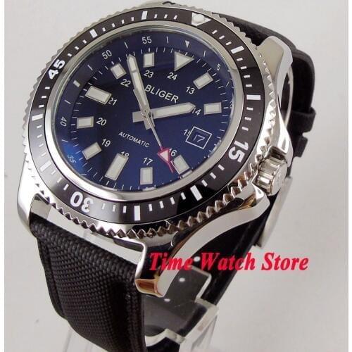 Bliger 44mm Miyota Automatic mens watch black dial luminous ceramic bezel polished SS case wrist watch men 115