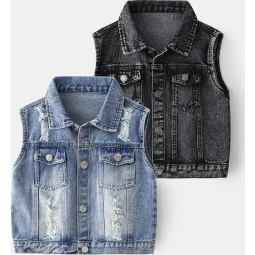 Korean Kids Clothes Baby Boys Coat Fashion Denim Vest 2021 Spring New Children Pure Color Cotton Sleeveless Jacket With Button