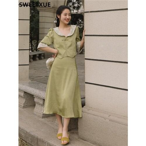 SWEETXUE Retro French Suit 2021 Summer Chinese Style Gentle Temperament Green Shirt Tops & Skirt 2 Pieces Set Vintage Outfits