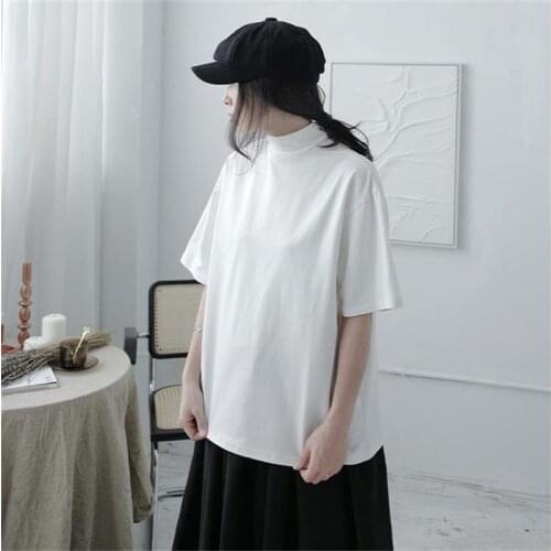Ladies' new summer vintage semi-high collar cold style loose solid color large short-sleeved T-shirt