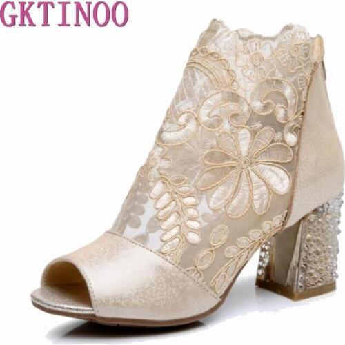 GKTINOO 2020 New Open Toe Sexy Fashion Sandals Women Shoes Summer Sandals Lace Genuine Leather Shoes Woman Sandals Ankle Boots