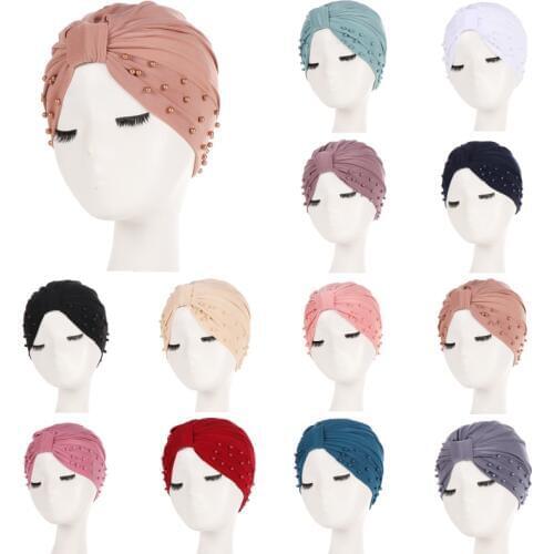Hot Pearl Hemp Beading India Hijab Turban Elastic Muslim Hat Chemo Cap Headwrap Solid Bandanas Knot Black Pink New Hat Headwear