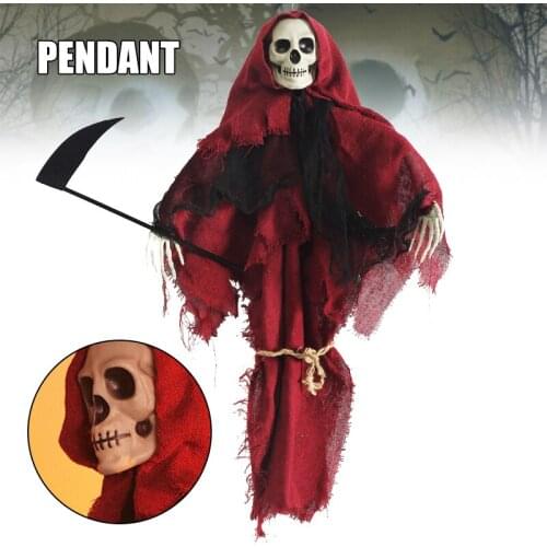 Red Skeleton with Sickle Hanging Ornament Horror Halloween Props Decoration for Haunted House Secret Room Courtyard xqmg Party